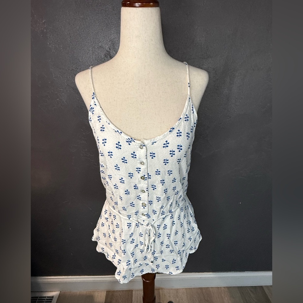Vero Moda White Spaghetti Strap Button-Front Peplum Top with Blue Print